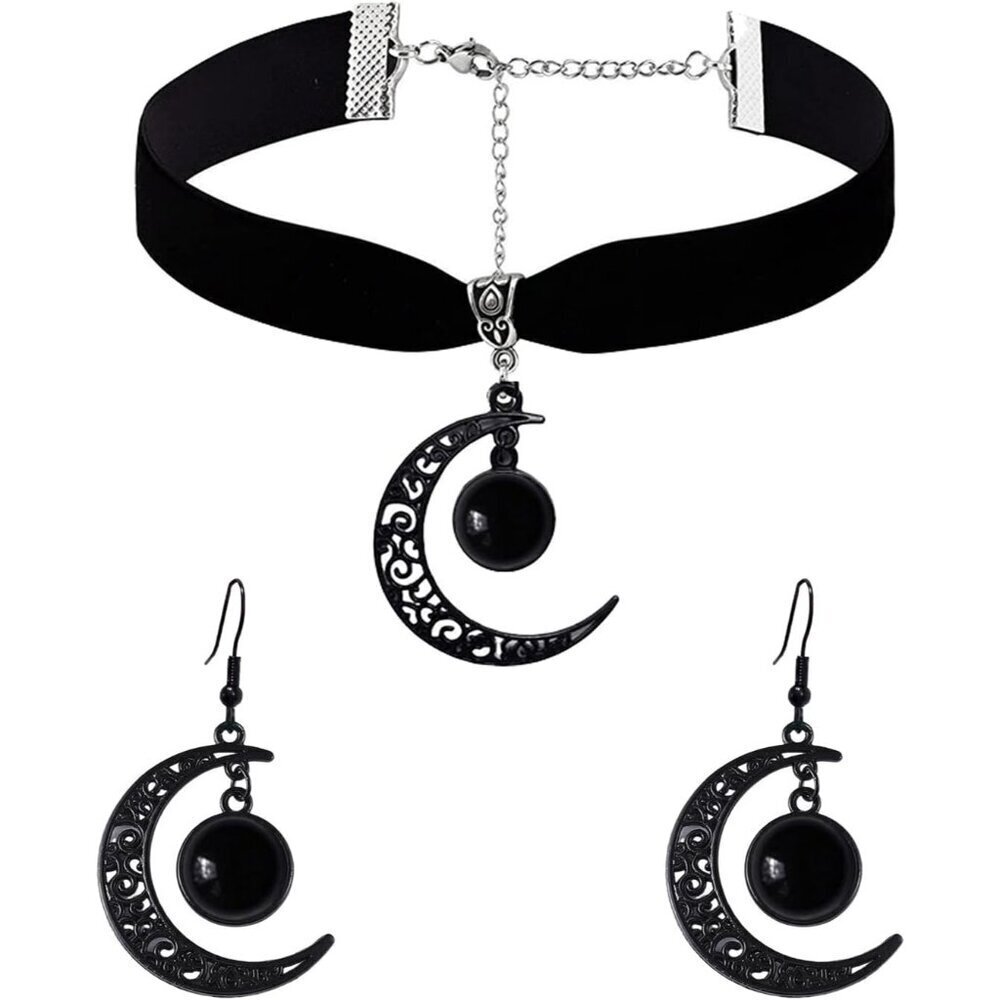 Gothic Moon Jewelry Set Black Velvet Necklace Earrings Costume Accessory